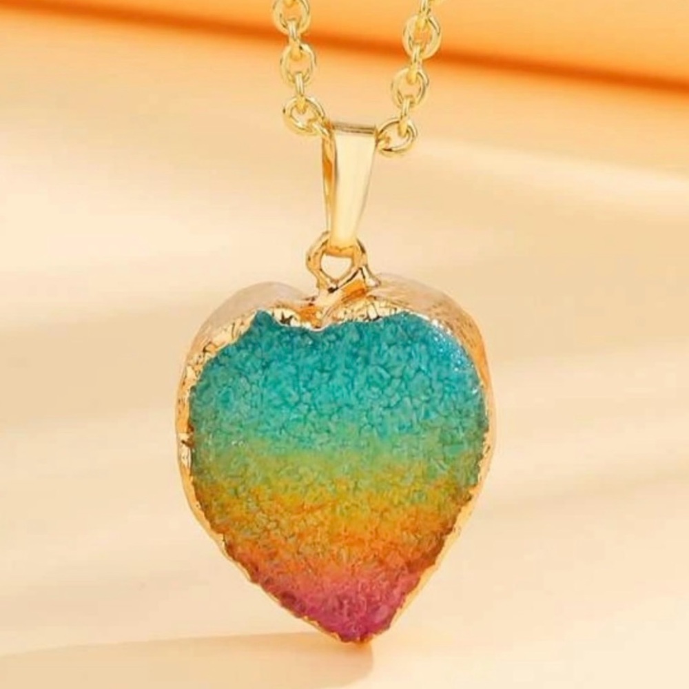 “Rainbow Geode Heart” Technicolor Ombre Druzy Crystal Love Pride Rave Necklace